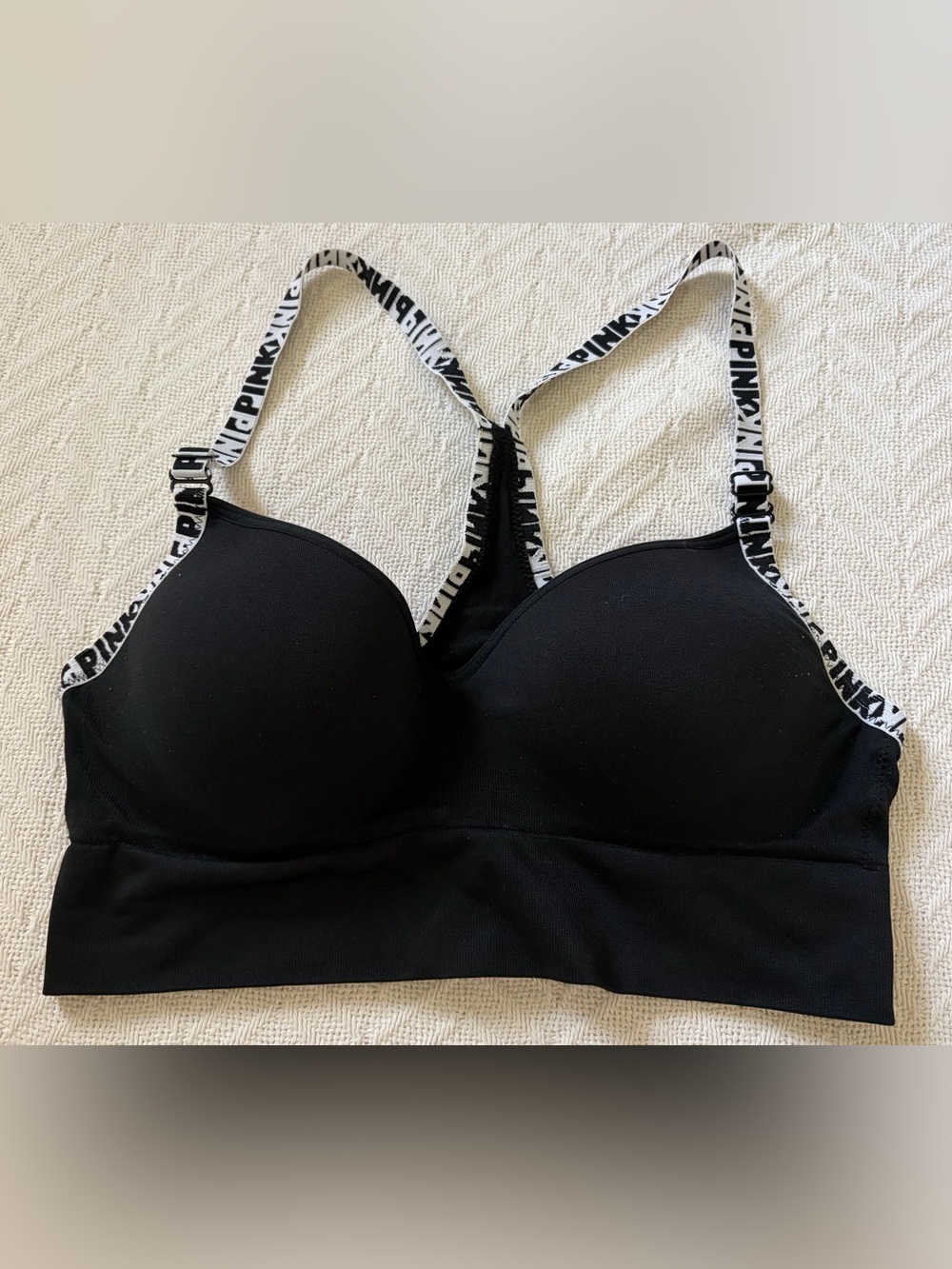 Victoria's Secret Women’s Black Sports Bralette with White Logo Straps.